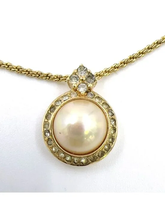 Dior Line Stone Faux Pearl Gold Necklace - Picture 2 of 13